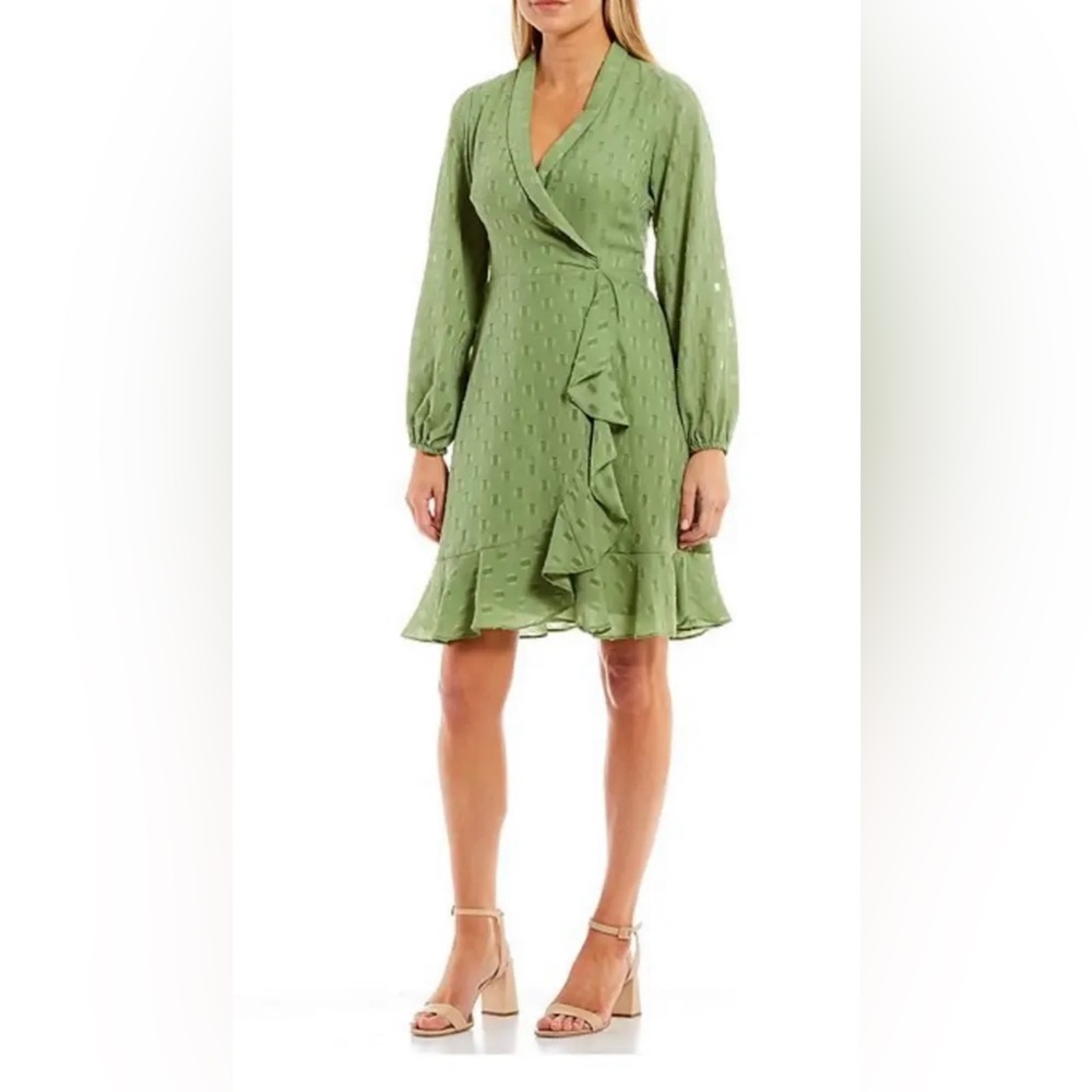 NWT London Times Green Dress Sz 2/ Small Faux Wrap Ruffle Long Sleeve V-neck